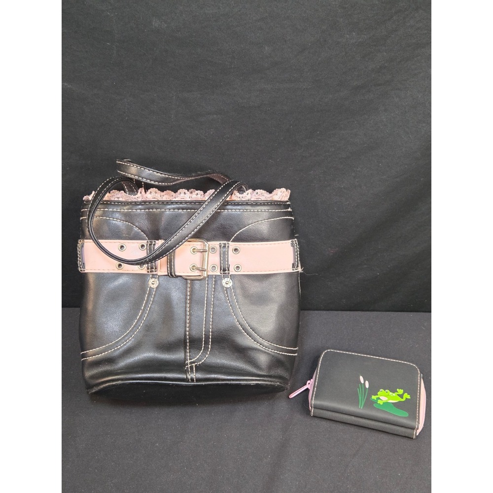 Vintage Y2K Black Pink Lace Trim Belted Handbag and Frog Graphic Wallet Set
